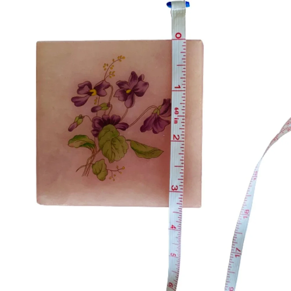 Alabaster Pink Trinket Box Violet Floral Hinged Lid Hand Carved Italy